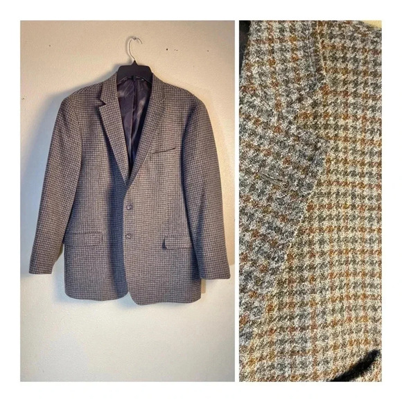 Jos A Bank 44R Tailored Fit Houndstooth Blazer Sportcoat Grey Brown 2 Vent Wool - Picture 1 of 16